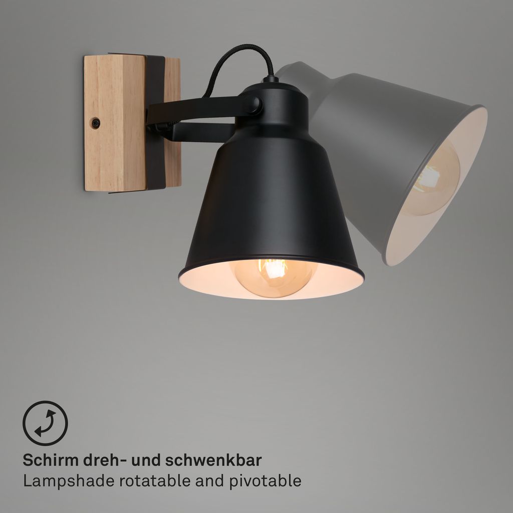 Wandleuchte Wandspot Schwenkbar 1xE27 40W schwarz Metall-Holz Briloner 3