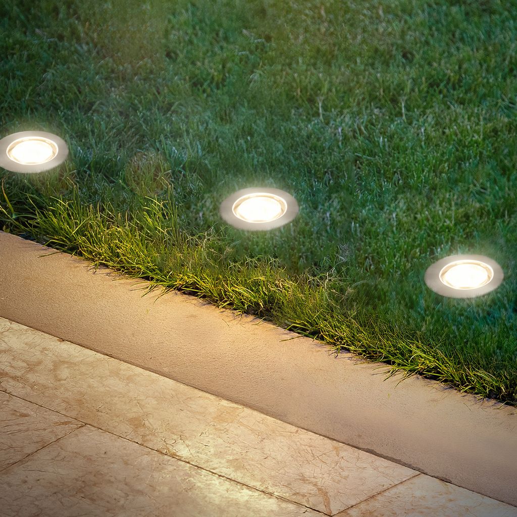 Starter-SET 12V Gartenbeleuchtung Trafo, 3x LED Boden-Einbaustrahler, IP67, Silber