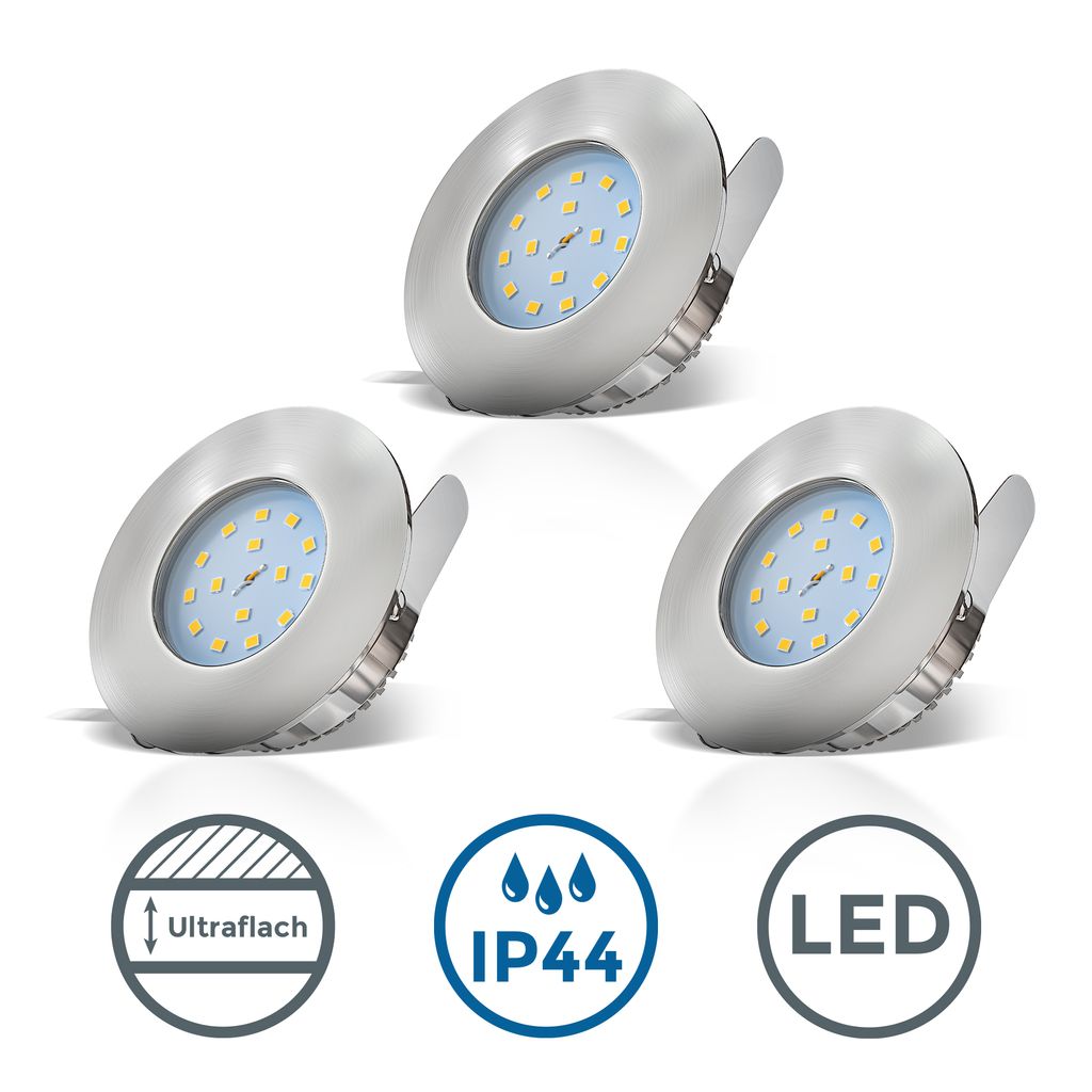 B.K.Licht - Set of 3 LED IP44 Rated Recessed Bathroom Spotlights with 3x built-in 5W LED module, brushed nickel, round, extra flat