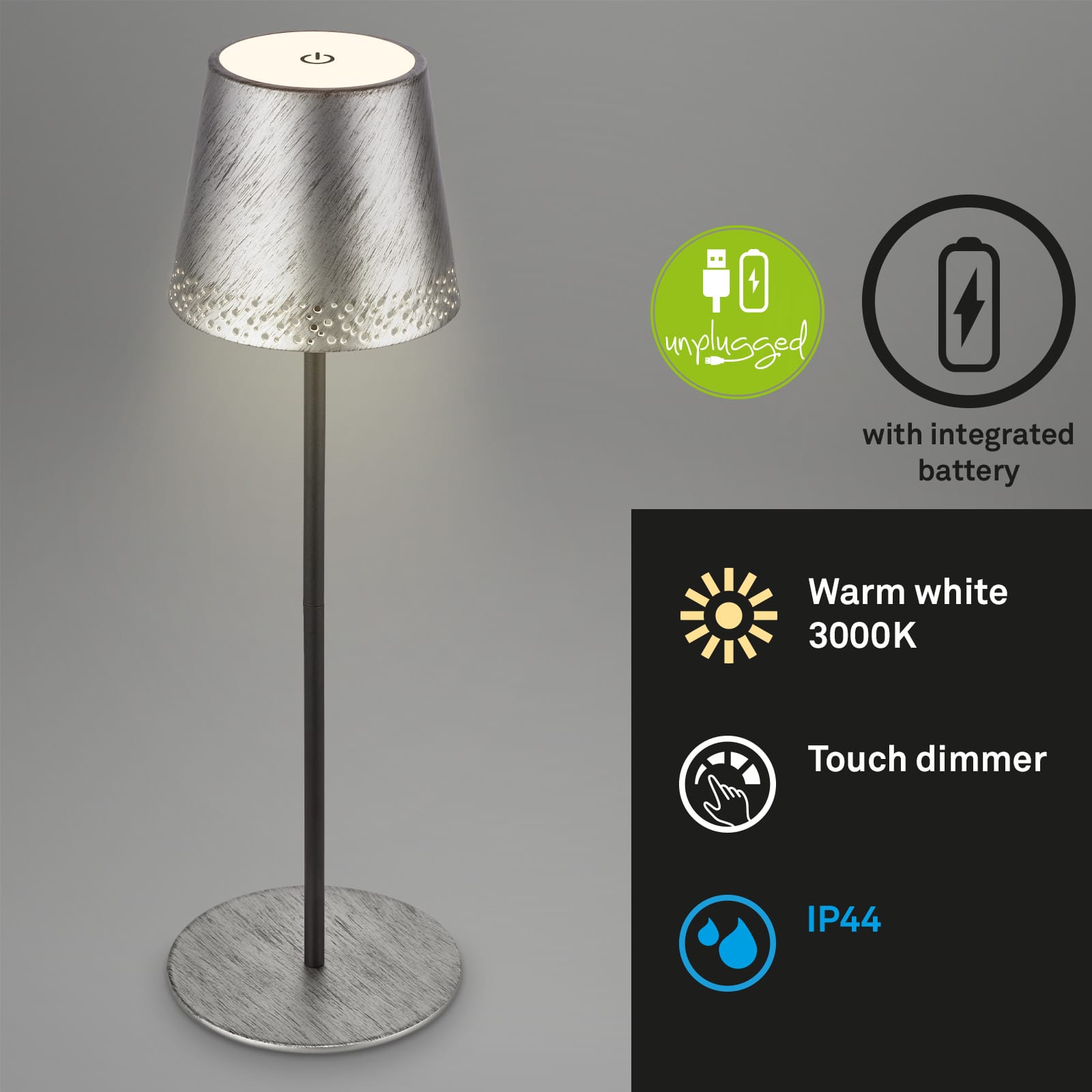 LightMe LED Akku-Tischleuchte Silber 0,4W 30lm warmweiß 2700K kabello