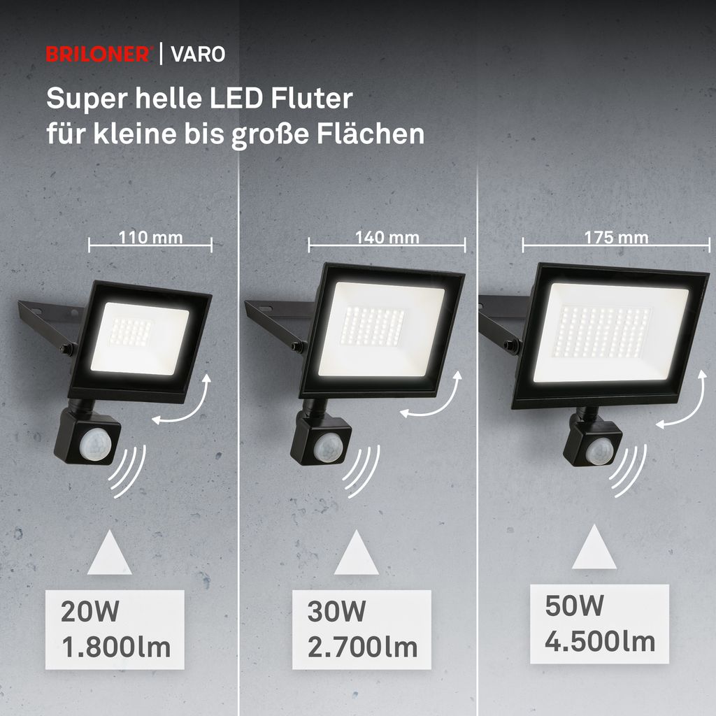 Varo Outdoor Floodlight - 20W, 1800lm, With Motion sensor, LED, Neutral White, IP65, Black