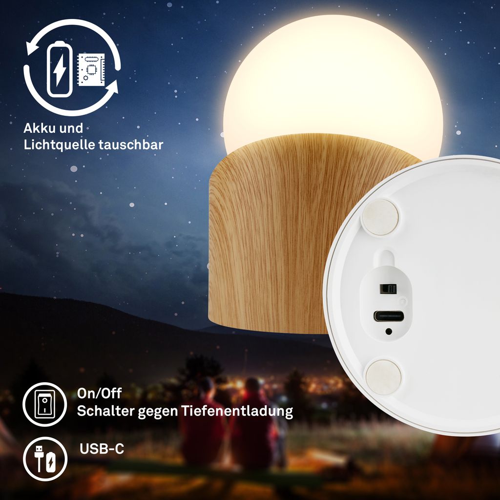 Sora Mini LED Tischlampe kabellos IP54, Dimmbar, Touch, 2er Set, Holzoptik