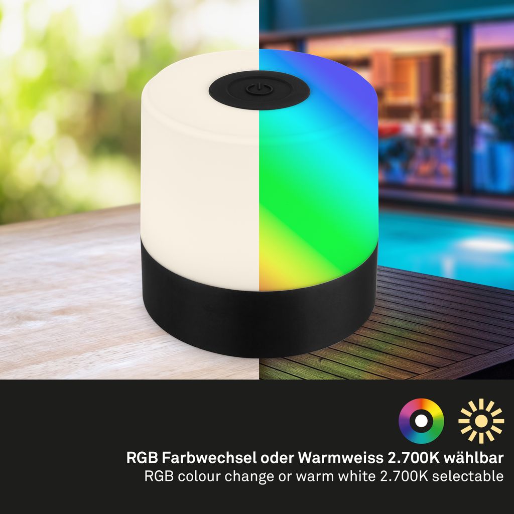 BRILONER SMAL LED Tischlampe kabellos. IP44 Spritzwasserschutz. RGB bunte Lichtfarben. Warmweißes Licht. Touchfunktion. schwarz. 7 x 7 cm 3