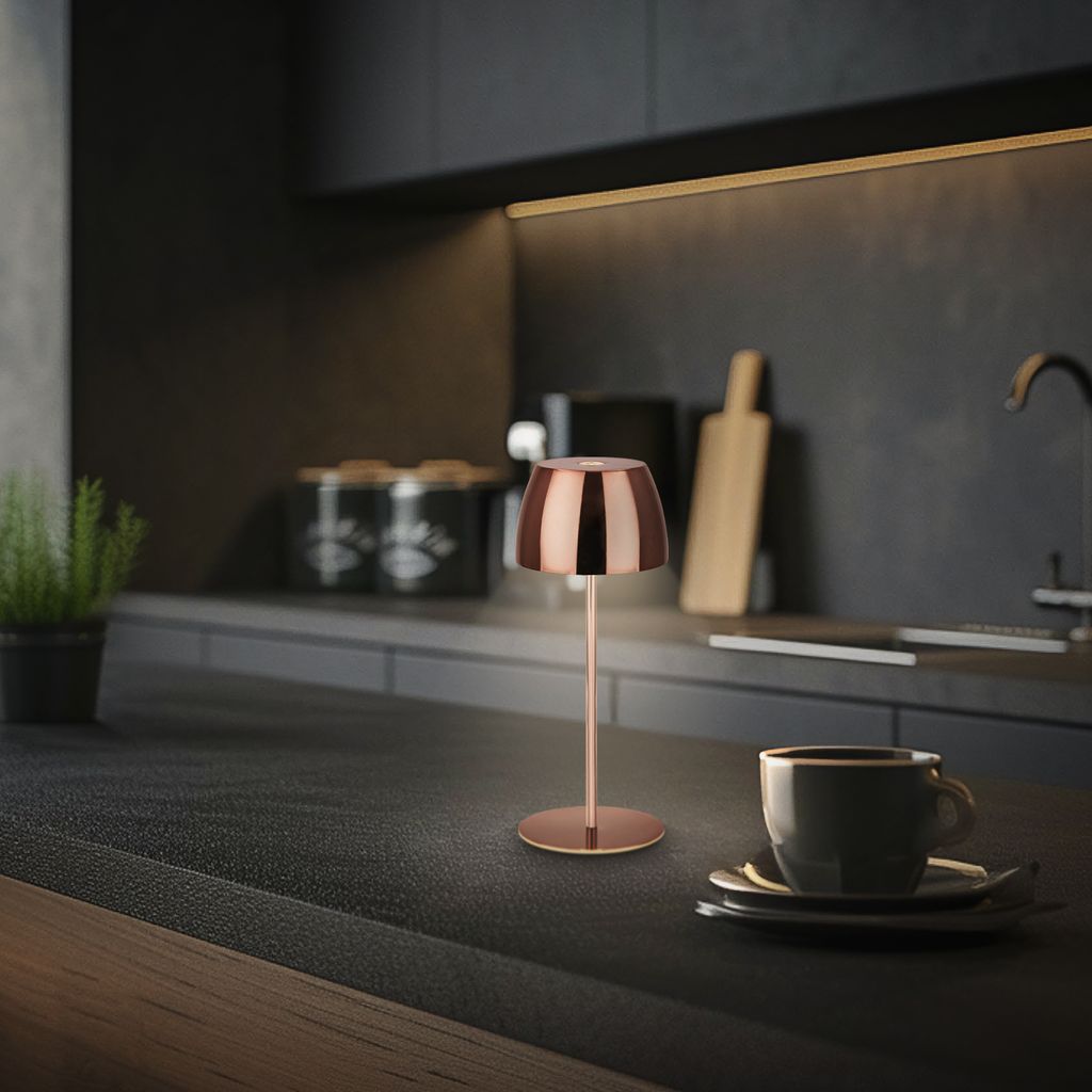 Briloner Serina Mini LED Tischlampe kabellos IP44. Dimmbar. Touch. Spritzwasserschutz. akku. kupfer. Ø8 x 20 cm 9