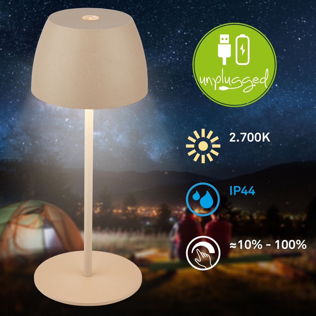 Briloner Serina Mini LED Tischlampe kabellos IP44. Dimmbar. Touch. Spritzwasserschutz. akku. beige. Ø8 x 20 cm 2