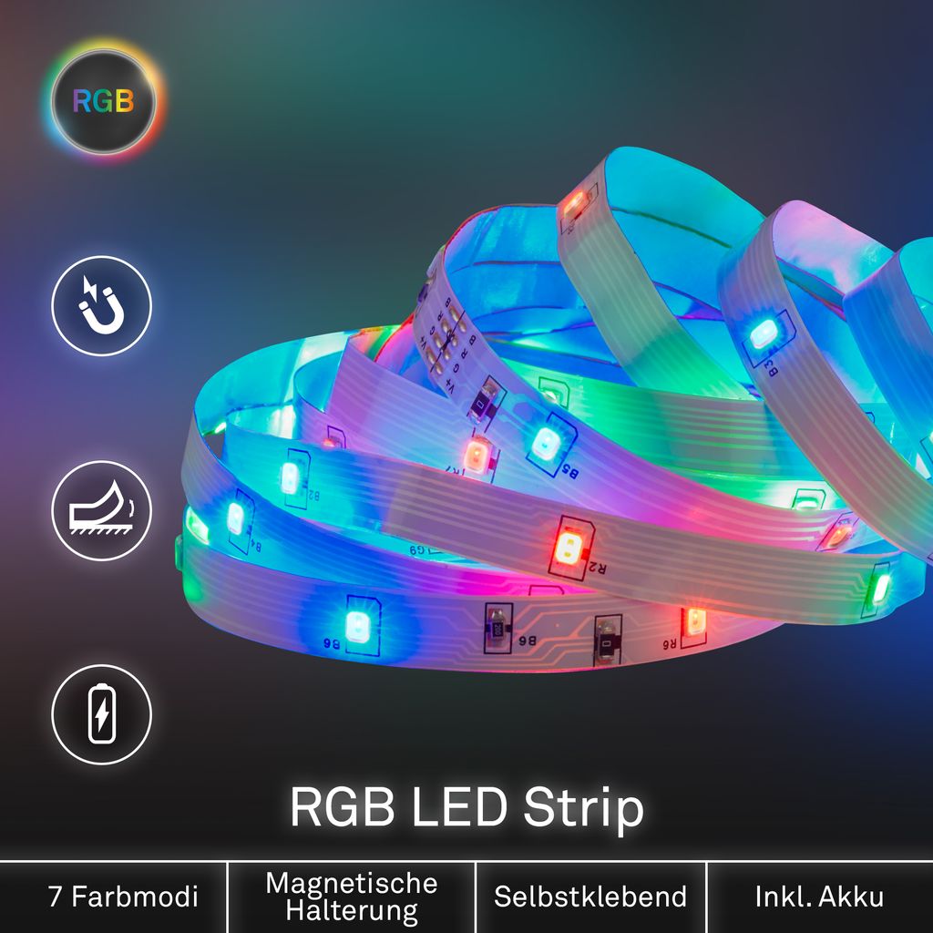 LED Streifen 3m - RGB, Akku, Selbstklebend, Weiß