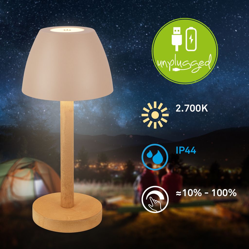 Serina Wood Rechargeable Table Lamp - 2.5W, 200lm, Cordless, LED, Touch, Dimmable, Beige-Wood