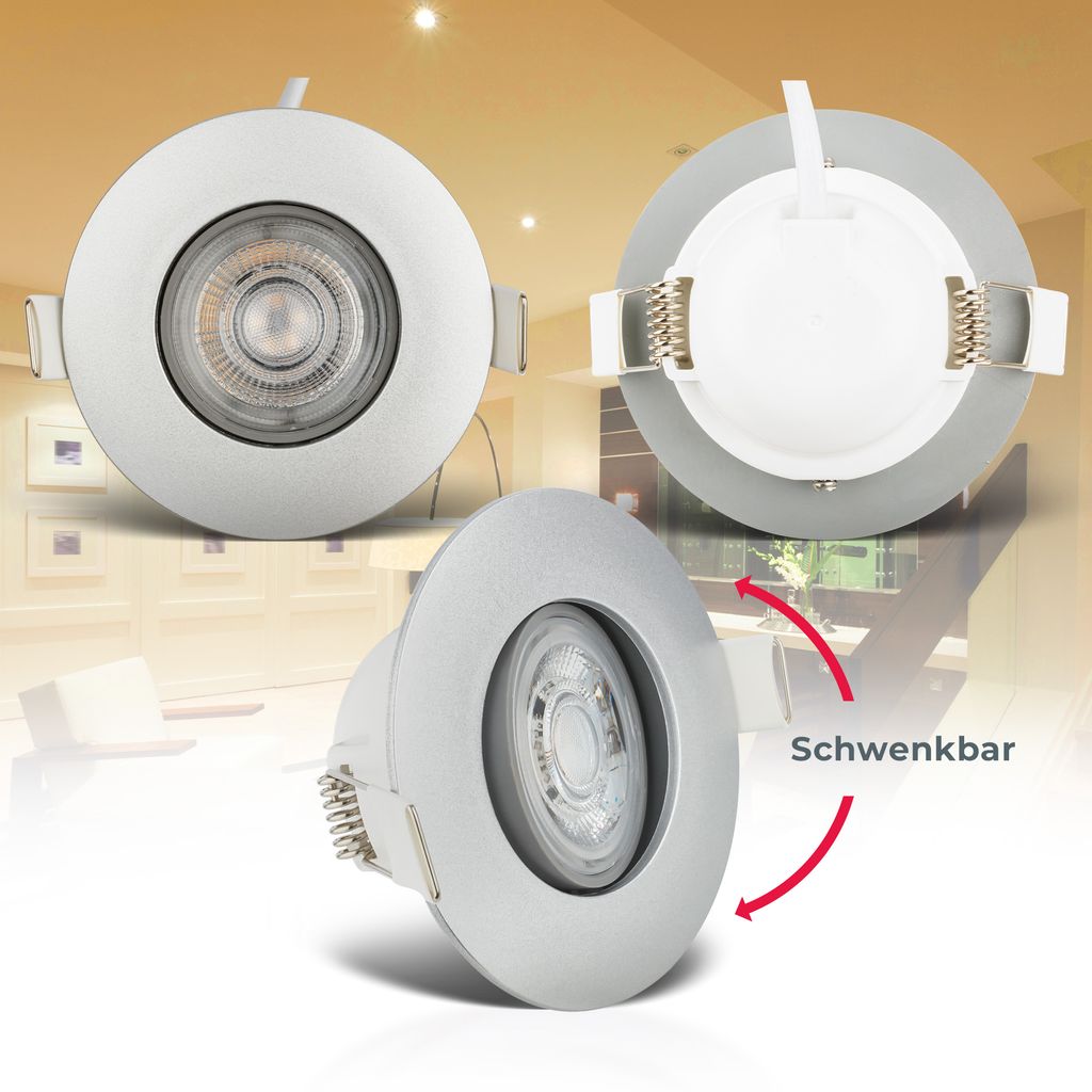 Einbaustrahler 68mm 6er Set - 230V, 4,9W, 480lm, LED, IP65, warmweiß, silberfarbig