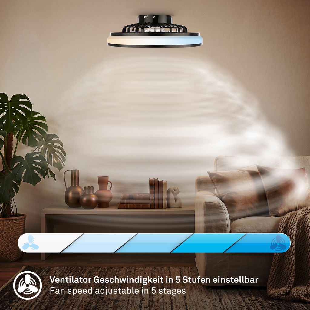 LED Ceiling Fan Light, CCT 3000–6500K, Remote Control, Timer, Black