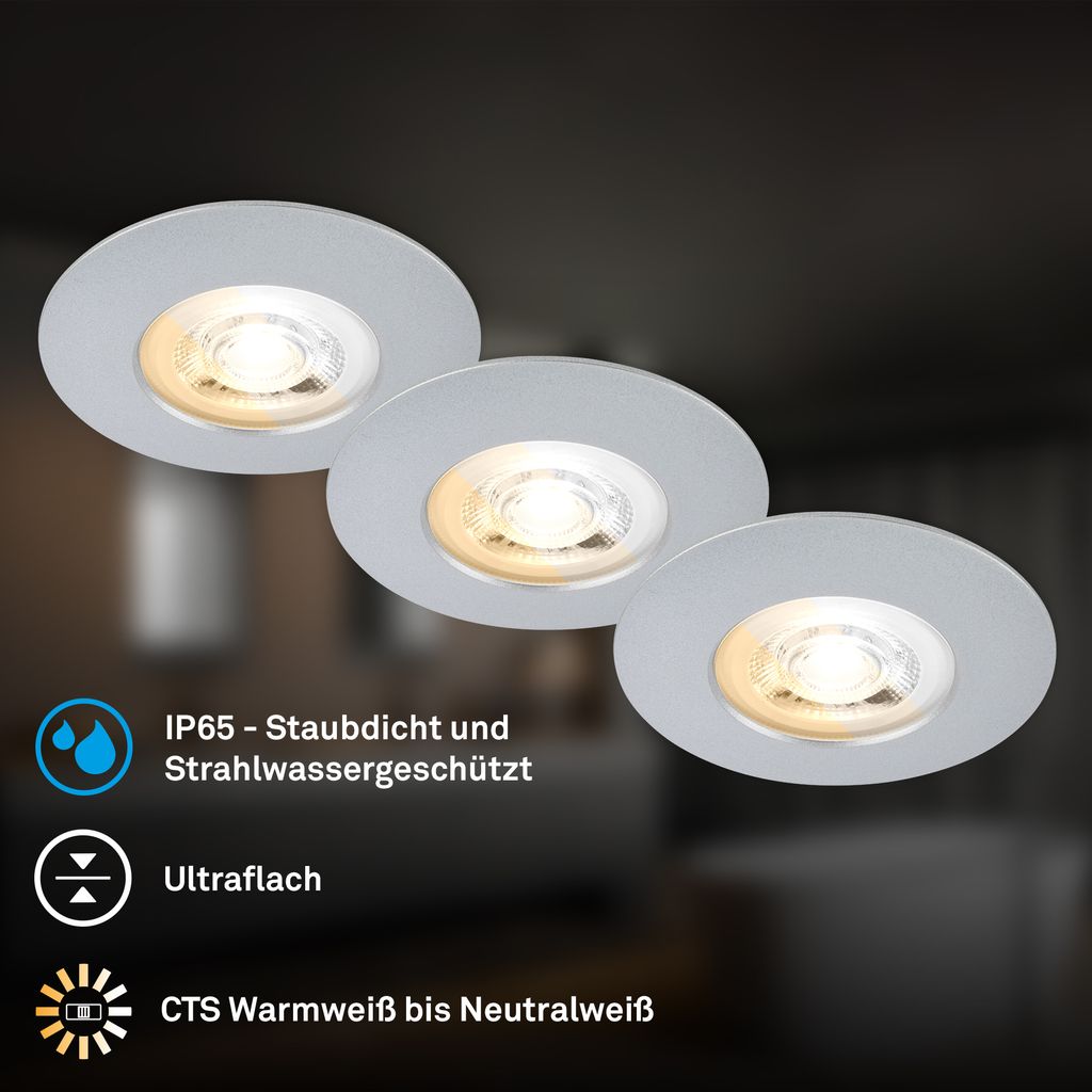 Dimara LED Einbaustrahler 68mm 3er Set - 230V, 4,9W, 460lm, CTS Schalter, IP65, Chrom-matt