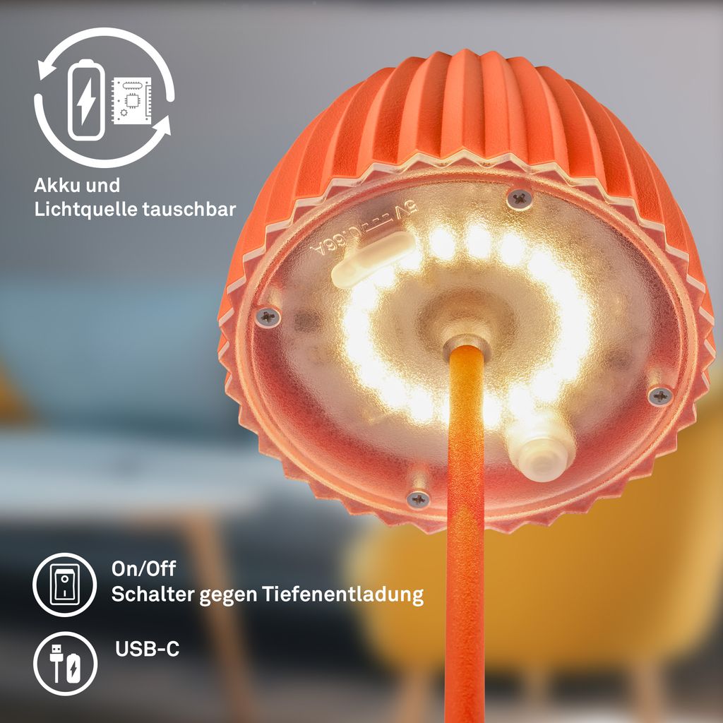 Akku-Tischleuchte Riffle Mini - 20 cm, 1,5W, 150lm, Kabellos, LED, Dimmbar, Touch, Orange
