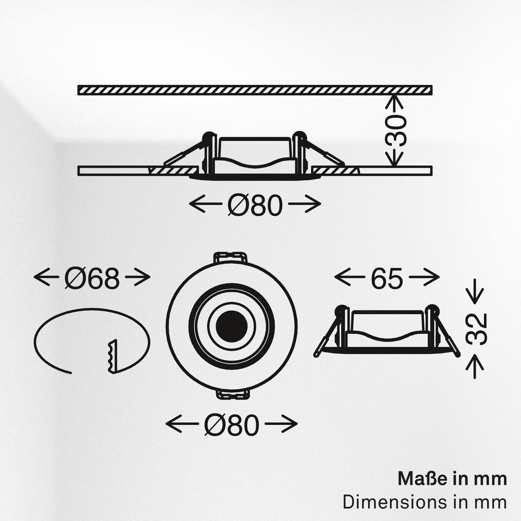 Besi Einbaustrahler 68mm 6er Set - 230V, 5W, 450lm, LED, Warmweiß, Weiß