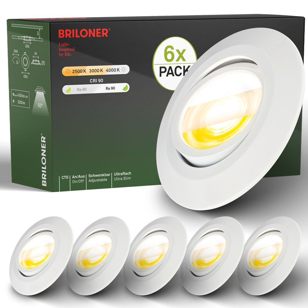 Briloner Klira set di 6 faretti LED da incasso 230V, orientabili, CTS, Ra90, bianco