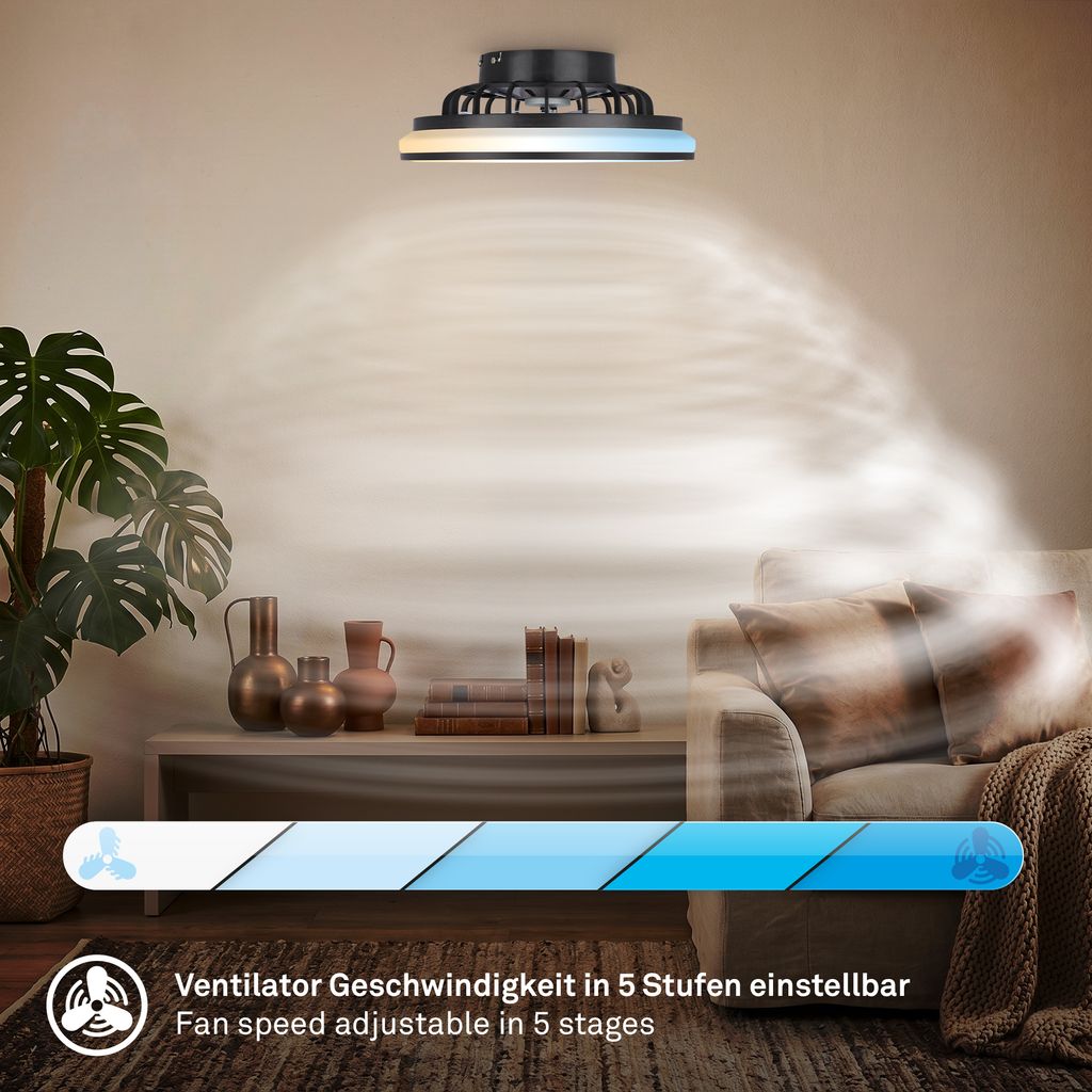 Venturo Ceiling Fan with Light - 24W, 2600lm, 5 Speeds, CCT, Dimmable, Black