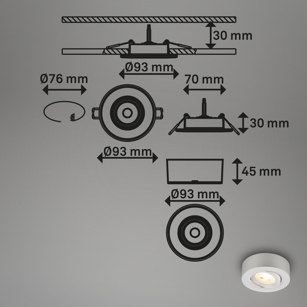 LED Einbaustrahler & Aufbauspot Ø90 mm, Dimmbar, 5W, 230V, Warmweiß, schwenkbar, Chrom-Matt