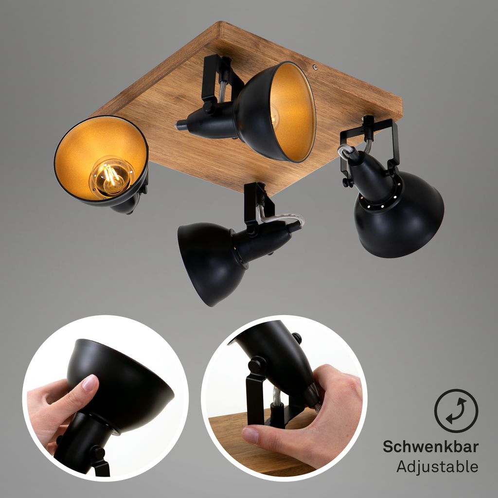 Spotleuchte dreh- & schwenkbar 4x E14 25 W Schwarz-Gold Holz Briloner 5