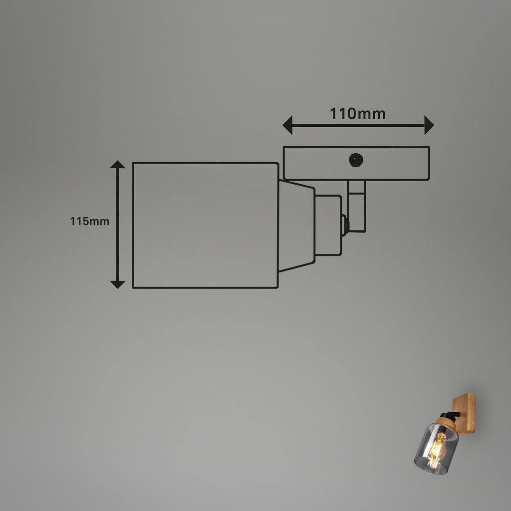 Briloner Royk Wandleuchte, Rauchglas, schwenkbar, 1-flammig, Holzbasis