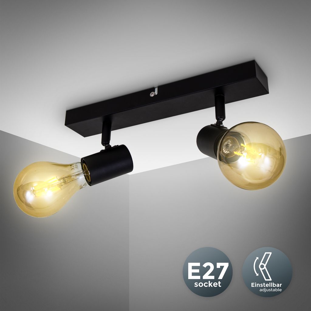 B.K.Licht Ceiling Light, 2 Rotatable Spots, E27 Socket, Bulbs not Included, Spotlight for Kitchen, Dining Room & Bedroom, Black Lamp, Metal Spot Bar, Swivel Design IP20 230V