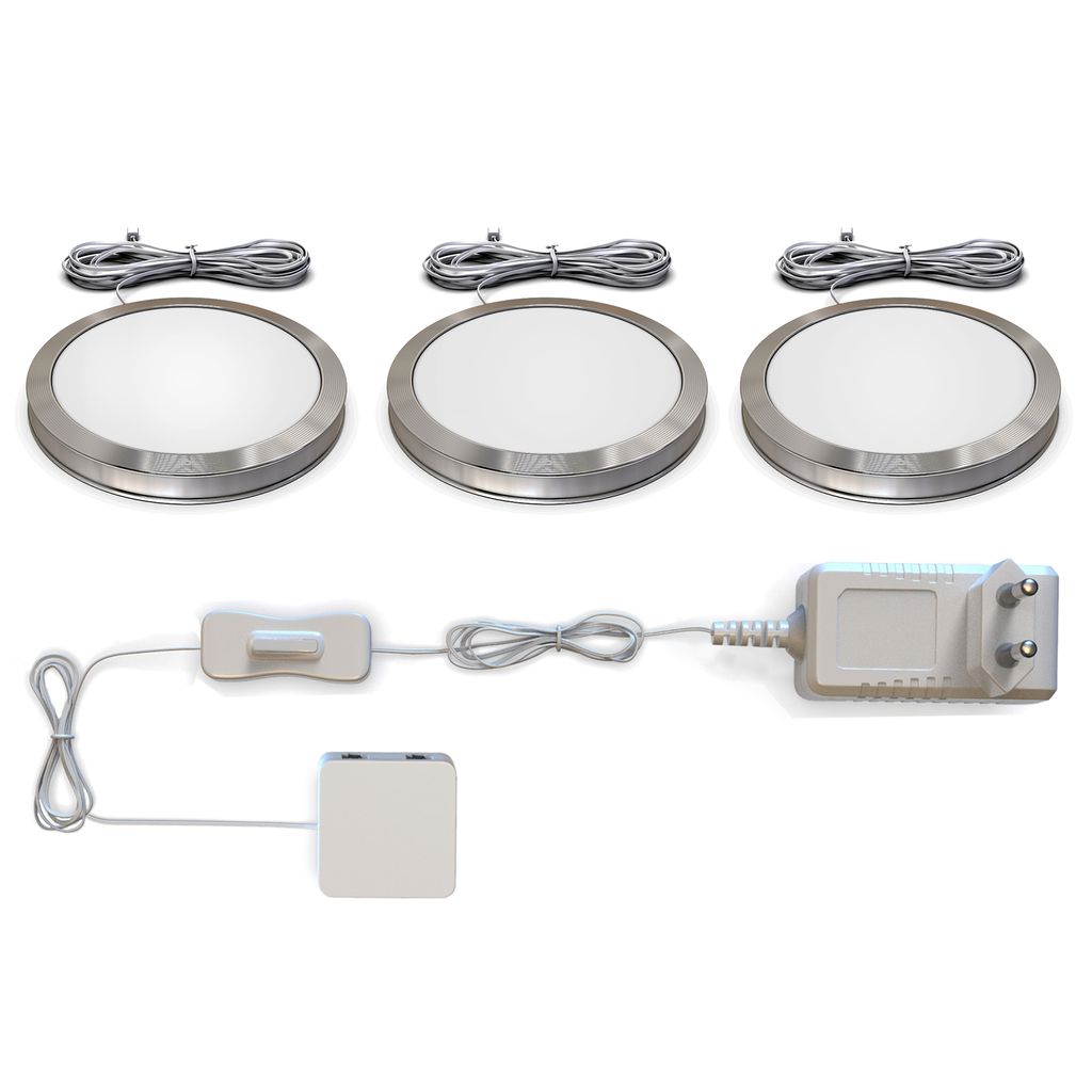Unterbauleuchte - 1,8W, 170lm, 3er Set, LED, Schalter, Stecker, warmweiß, silber