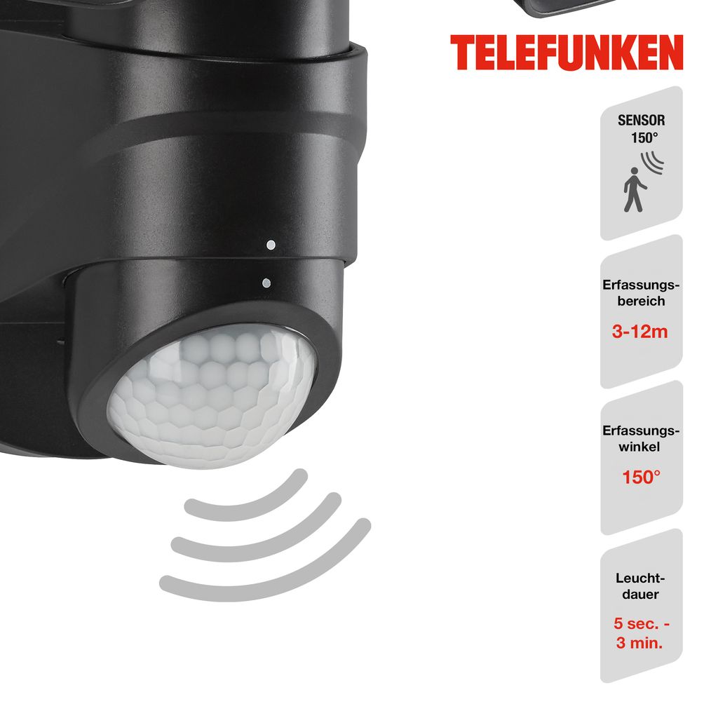 LED Außenleuchte Außenlampe Bewegungsmelder 10W schwarz Kunststoff Telefunken 5