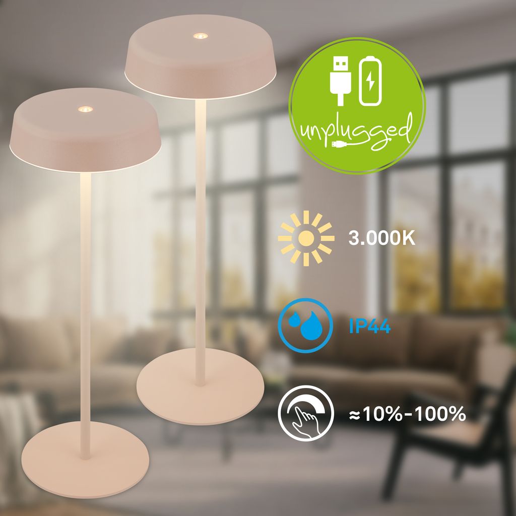 Pala Tischlampe 2er Set - 2,6W, 280lm, Kabellos, LED, Touch, Dimmbar, Beige