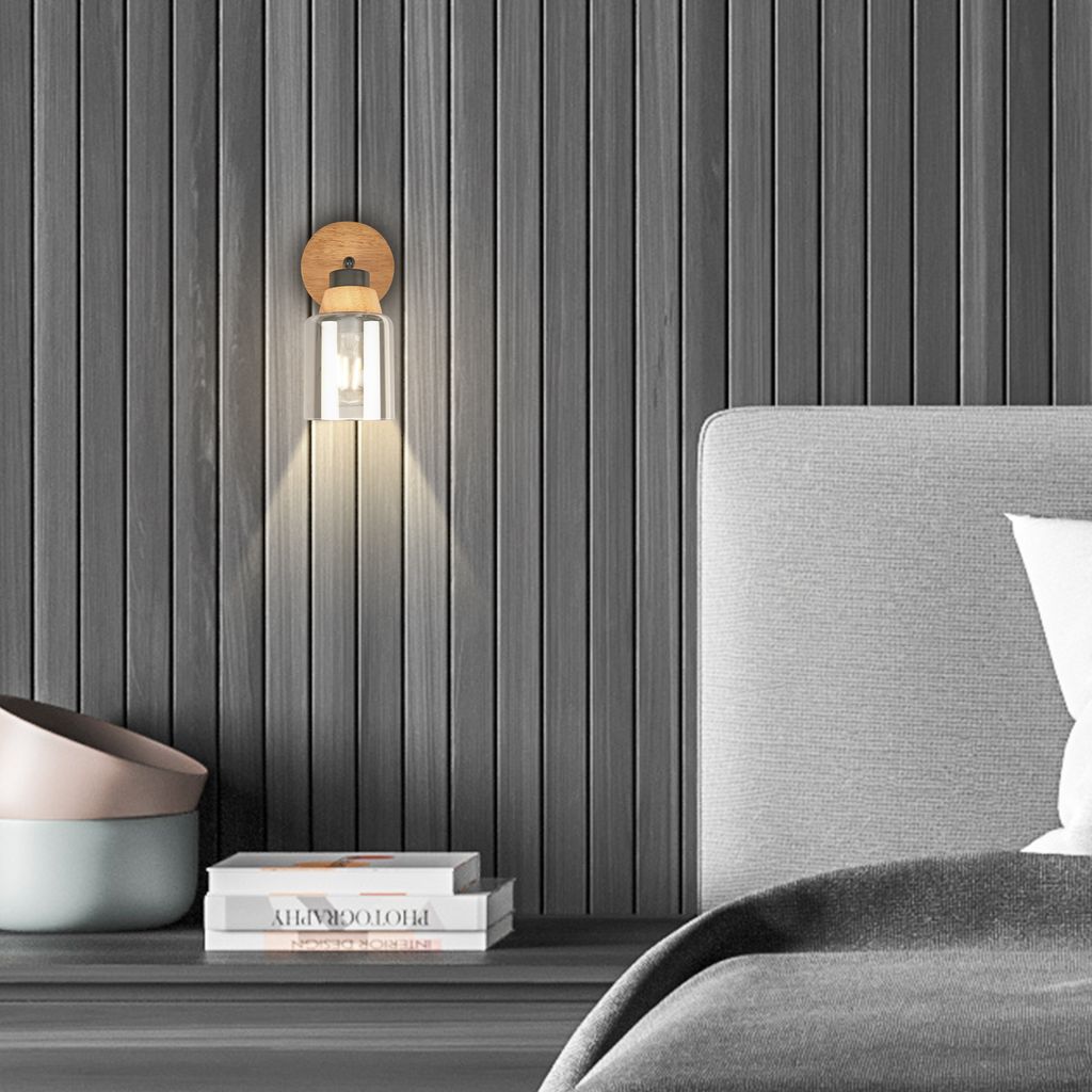 Wall Light E27, Adjustable Smoked Glass & Wood, Metal, Matt Black