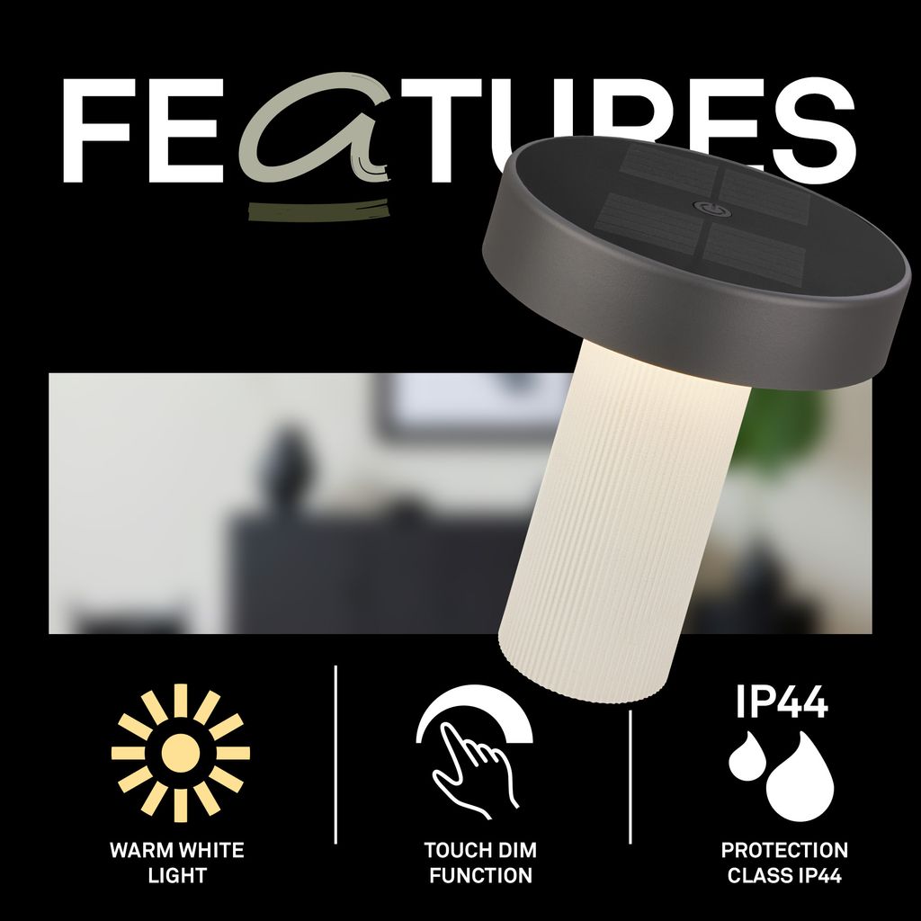 Poga Tischlampe - 1W, 150lm, Kabellos, LED, Dimmbar, Solar, Altweiß, Anthrazit