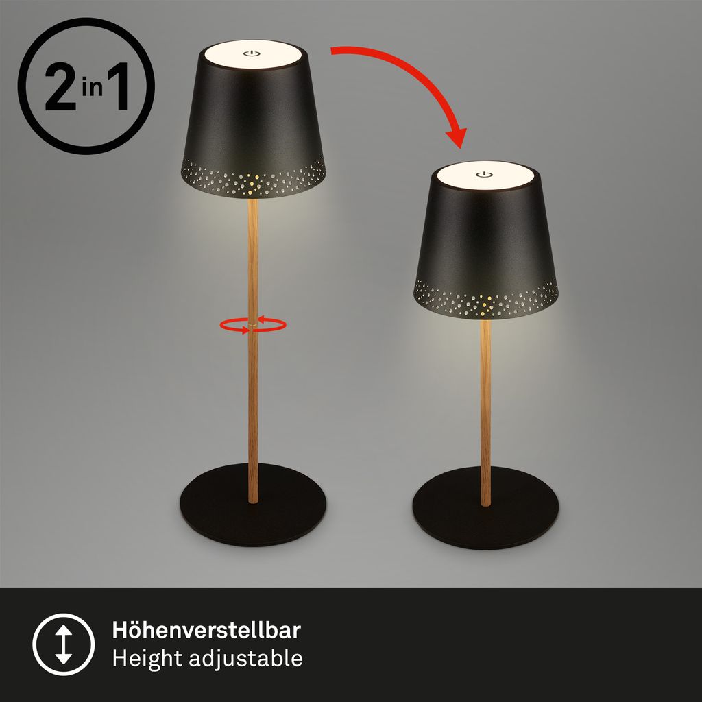 LED cordless table lamp 38 cm 2.6 W 280lm black-wood