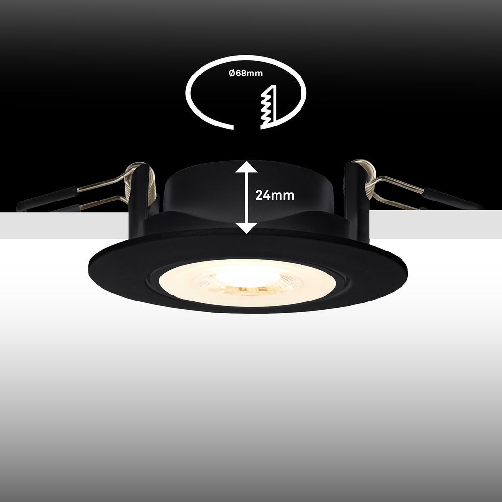 Show LED Einbaustrahler 68mm 3er Set - 230V, 4,9W, 480lm, LED, Dimmbar, Warmweiß, Schwarz