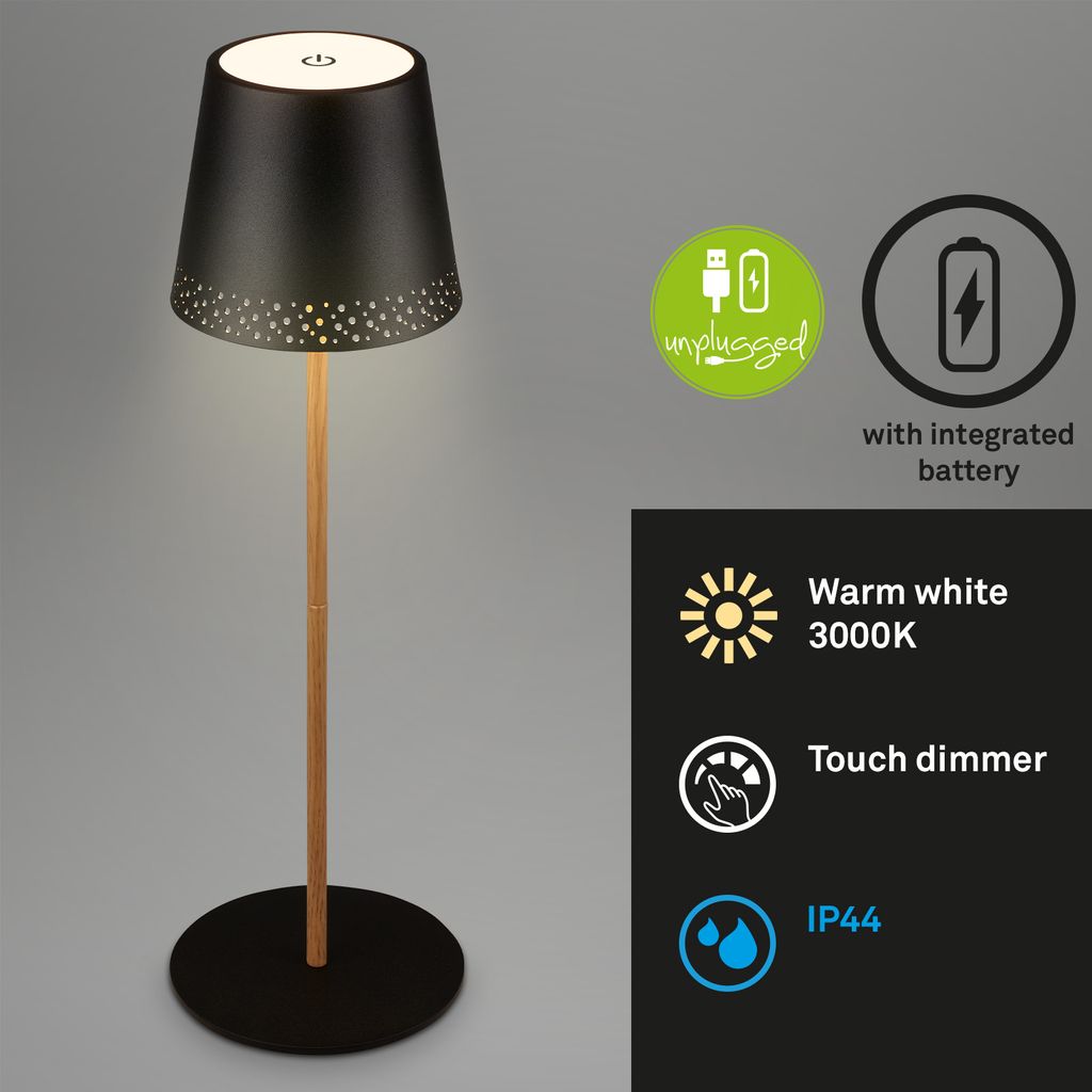 LED cordless table lamp 38 cm 2.6 W 280lm black-wood