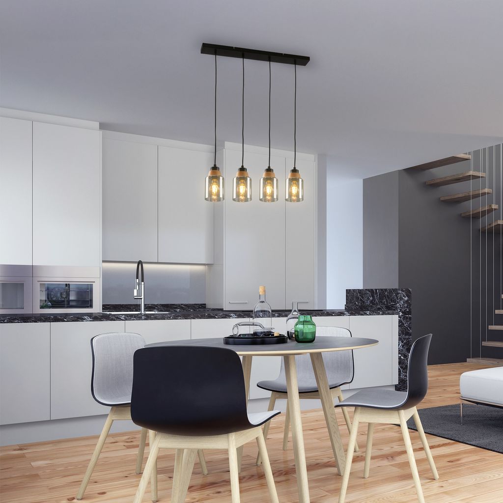 Pendant light. with wood. smoked glass. 4xE27/max. 5