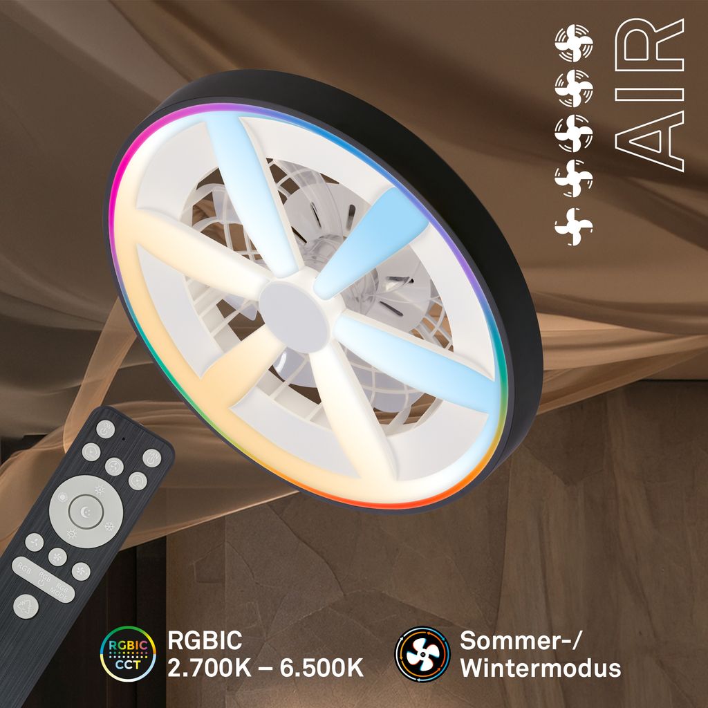 Air Ceiling Fan with Light - 48.5W, 6400lm, 5 Speeds, RGBIC, CCT, Dimmable, Black