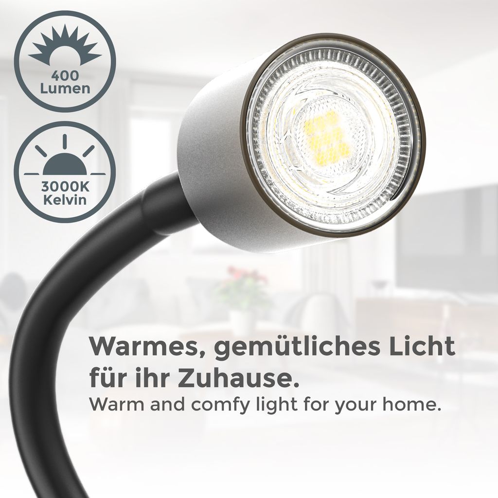 Klemmlampe - 5W, 400lm, LED, mit Stecker, dimmbar, Schwanenhals, warmweiß, schwarz