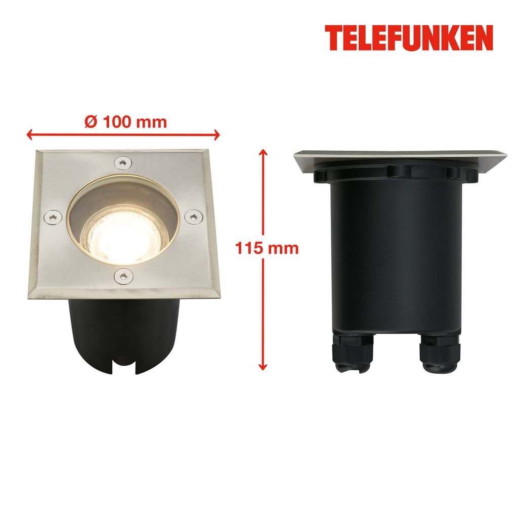 Telefunken Bodeneinbauleuchte Aussen, Wasserdicht IP67, gehärtetes Glas, GU10 Fassung, Eckig