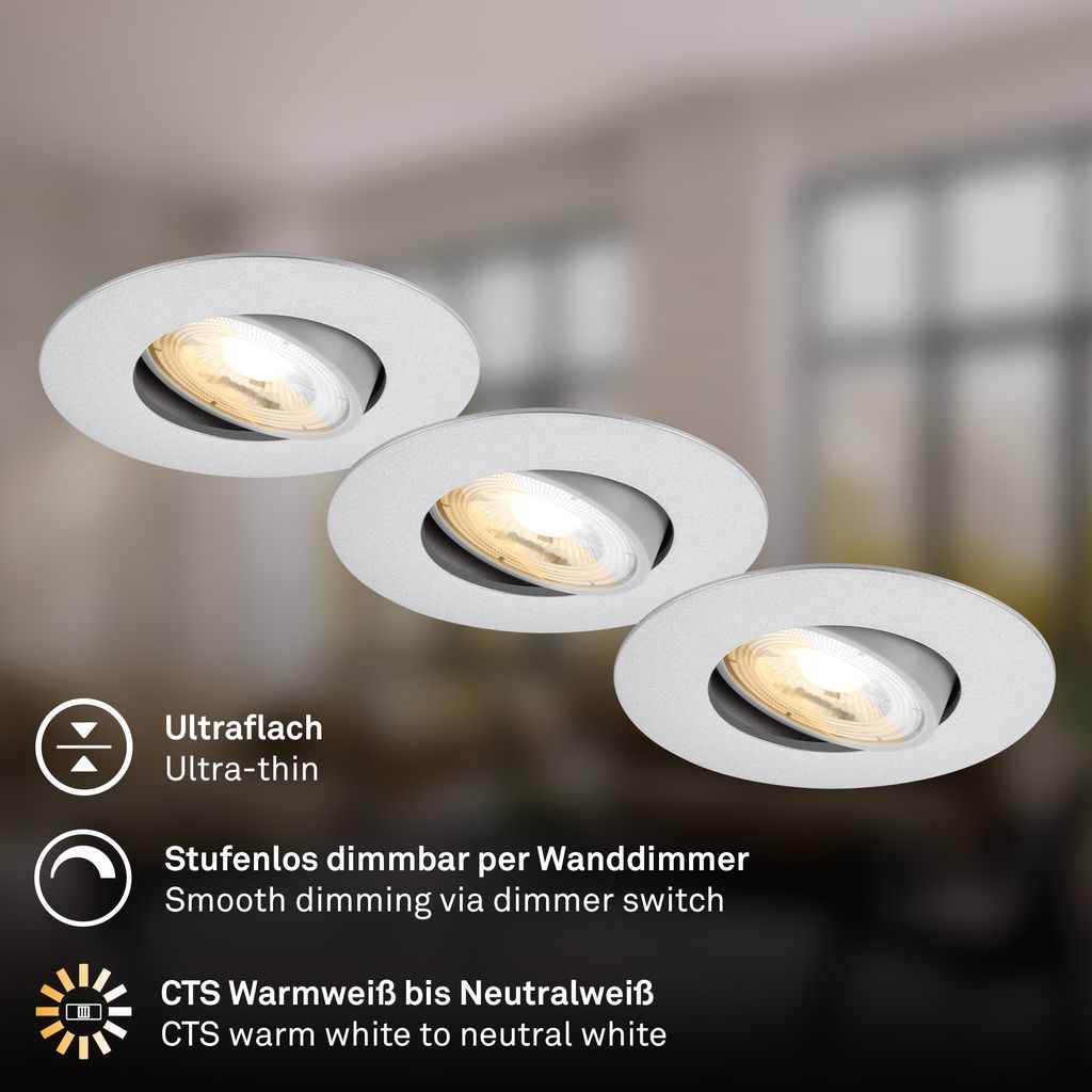Dimara LED Einbaustrahler 68mm 3er Set - 230V, 4,9W, 460lm, CTS Schalter, Dimmbar, Chrom-matt