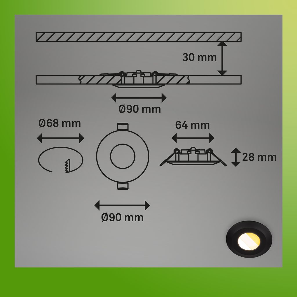 Briloner Klira 3er Set LED Bad Einbaustrahler 230V, Dimmbar, IP44, Schwarz