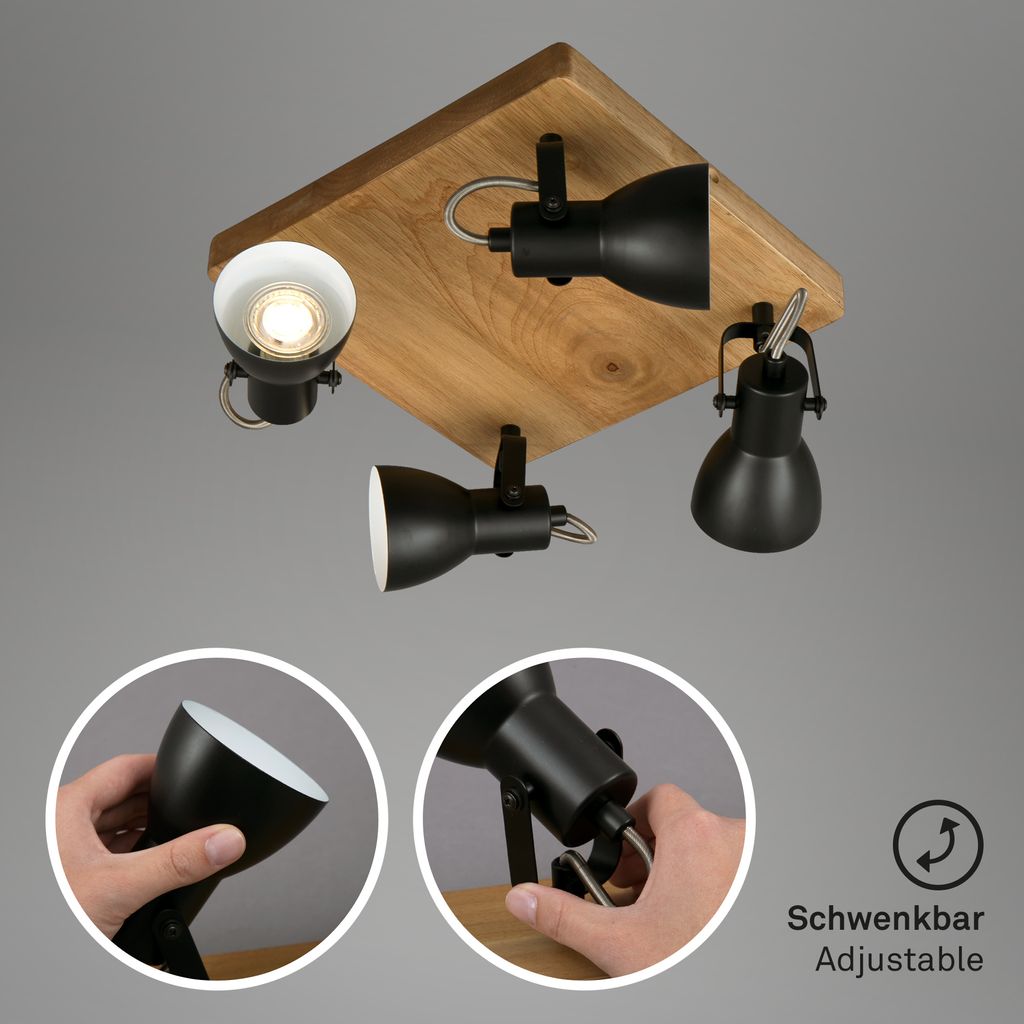 Briloner Arbo Deckenspot, schwenkbar, Holzbasis, 4-flammig, Schwarz-Weiß