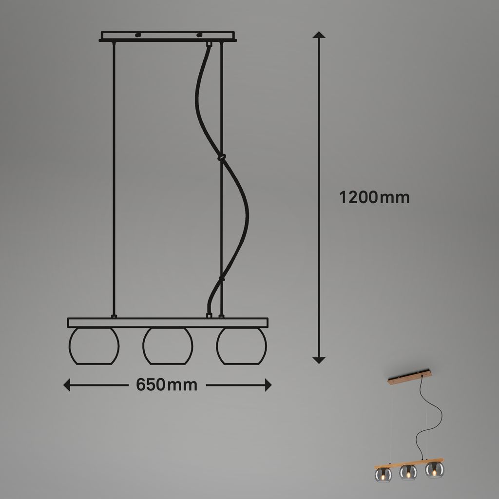 Briloner Leuchten KYRO Pendelleuchte 3x E14 Dimmbar Metall-Glas-Holz Holzfarben-Smoke 8