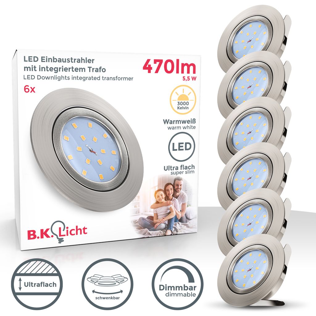 Einbauspot 6er Set 68mm Lochmaß - 230V, 5,5W, 470lm, LED, dimmbar, warmweiß, matt-nickel