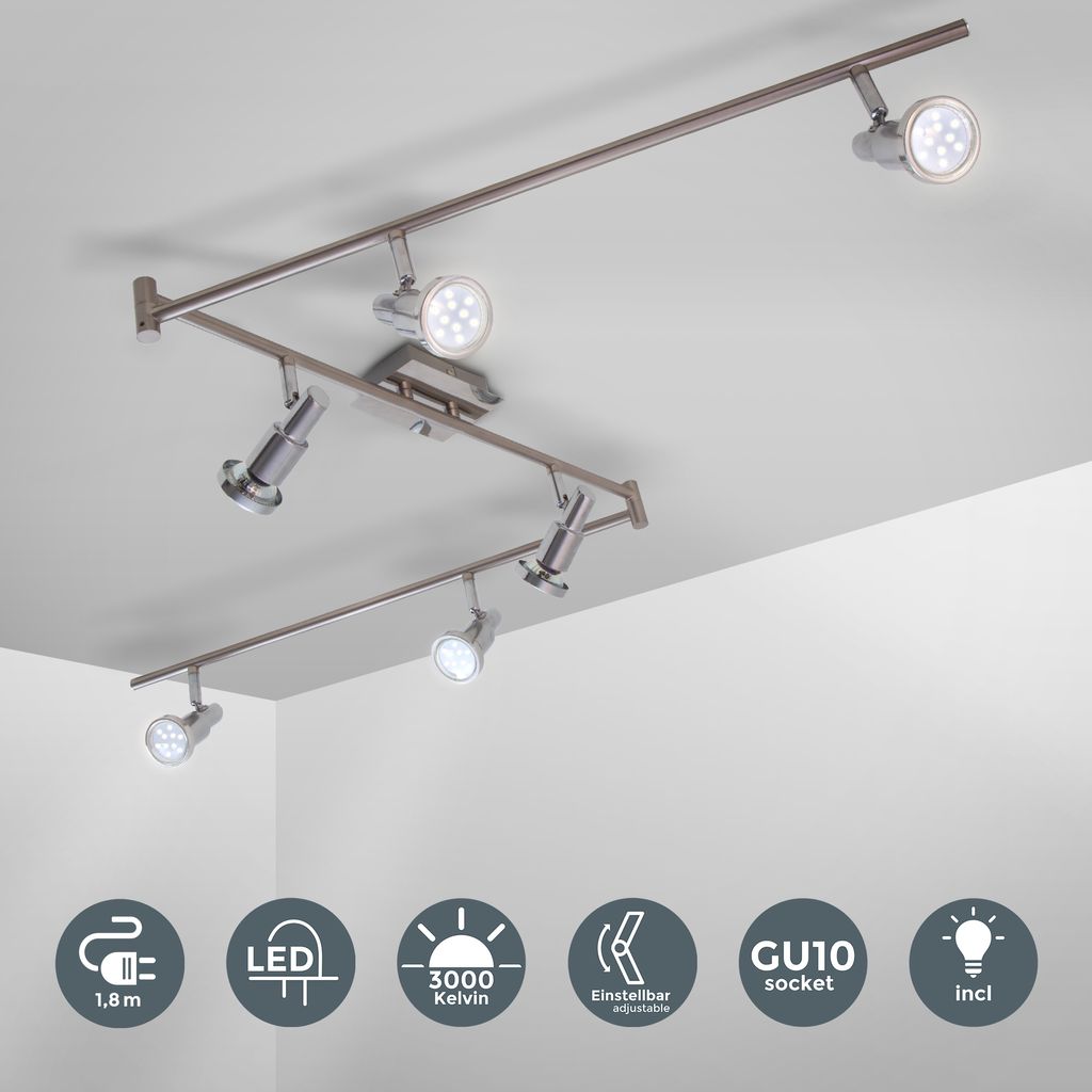 B.K.Licht LED Ceiling Light, 70,8 in, rotatable Spots, 5W GU10 Bulbs Included, 400Lm Each, Warm White 3000K, Spotlight bar for Kitchen, Living Room & Bedroom, Metal, matt Nickel Design, IP20, 230V
