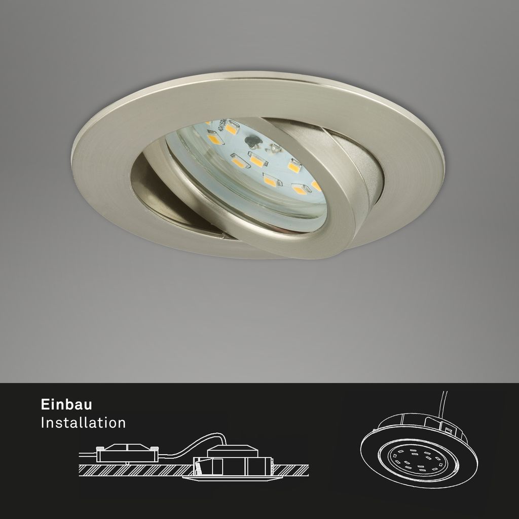 LED Downlight "ATTACH" I Synthetic material / matt-nickel I incl. 3 x LED-module 4,8W 350lm 3.000K I Lifetime 20.000 h, Ra>=80 I IP23 / Protection class II I non-dimmable I swiveling I 82x28mm (DxH) I Installation size 68mm (D)