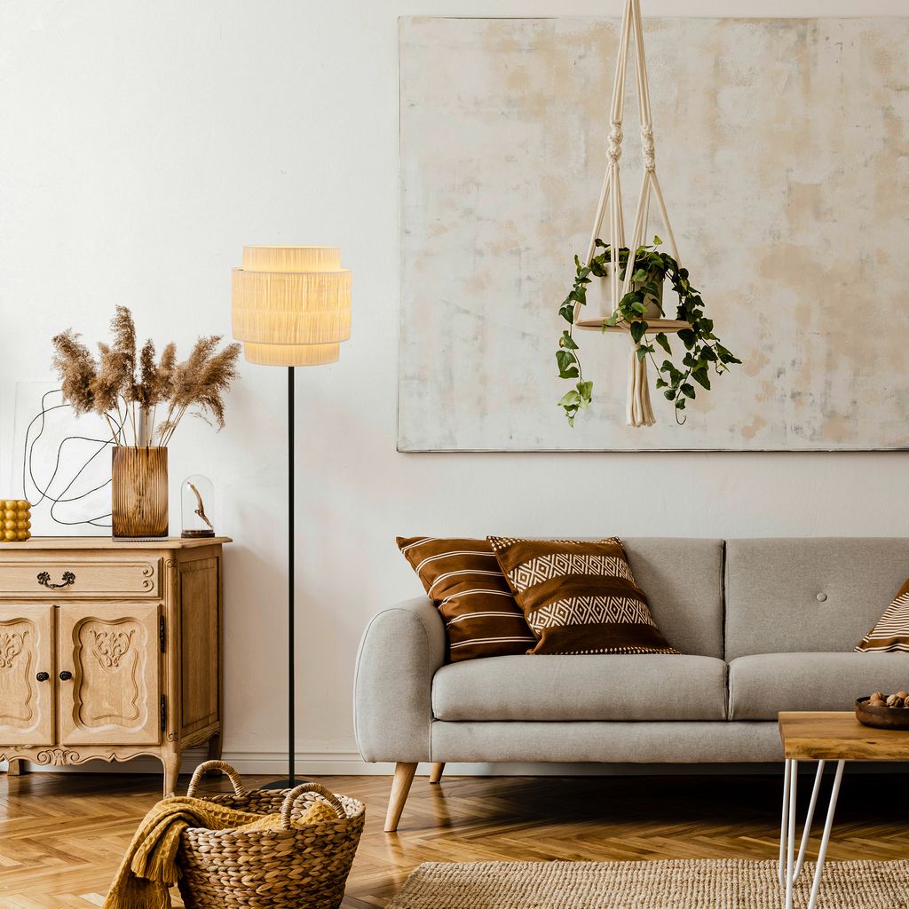 Briloner Papper Stehlampe. Bastschirm. Ein/Aus Fußtaster. Boho-Stil. E27 Fassung. Natur. Ø30 x 165 cm 5