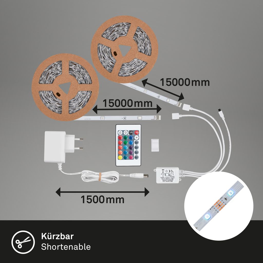 Briloner LED Strip 30m, télécommande, modes de couleur RGB, blanc