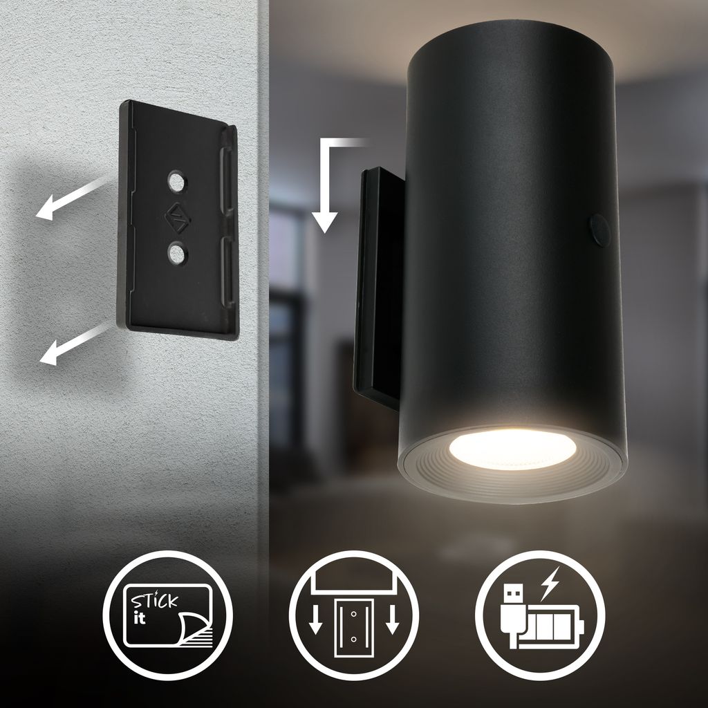 Isy Wandlampe - 2W, 140lm, Akku, LED, Touch, Dimmbar, 2er Set, Schwarz