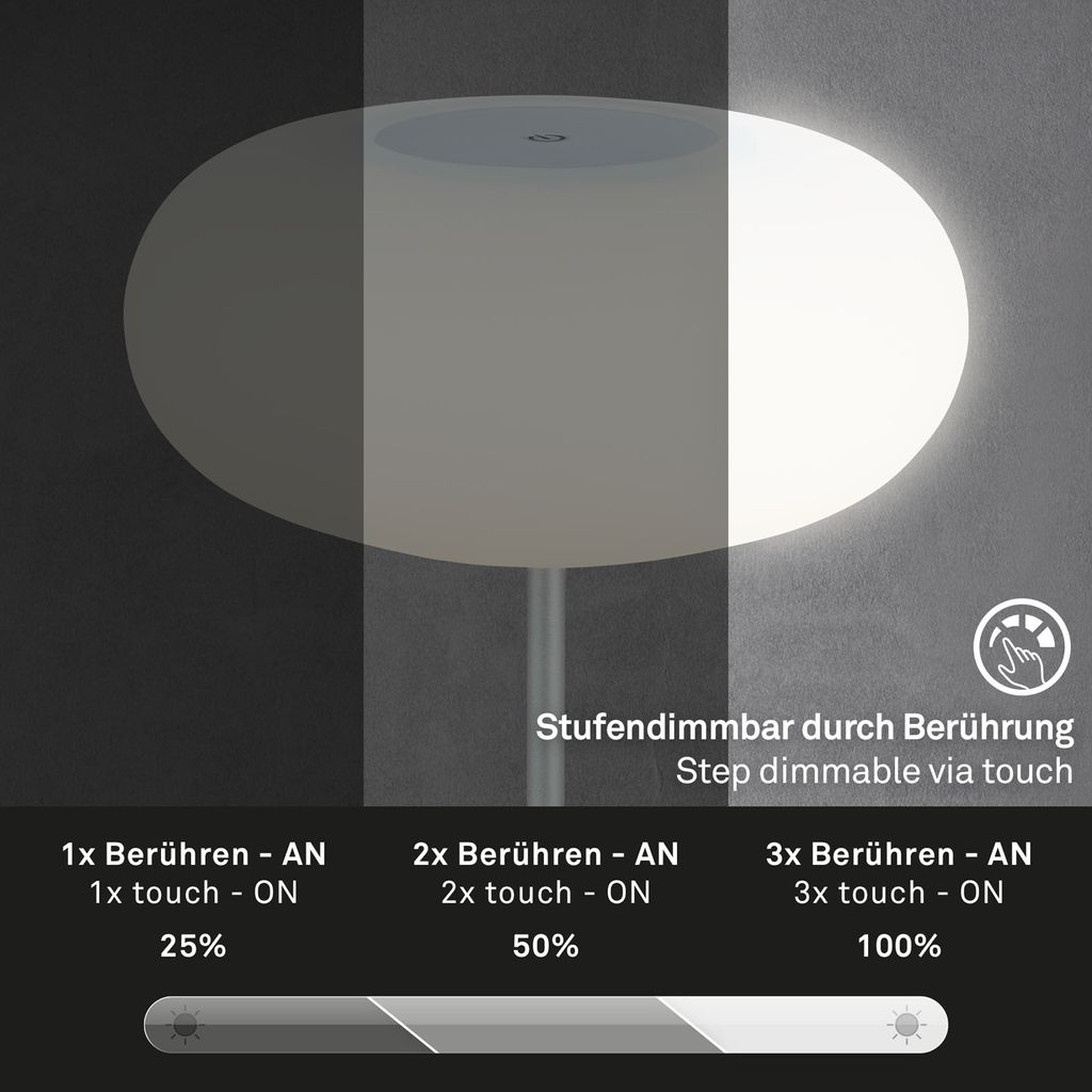 Briloner Leuchten - LED Tischlampe Akku. Dimmbar. Glas LED Tischleuchte Kabellos. Touchfunktion. 3.300K Warmweiß. Chrom-Matt. 150x160 mm (HxD) 4