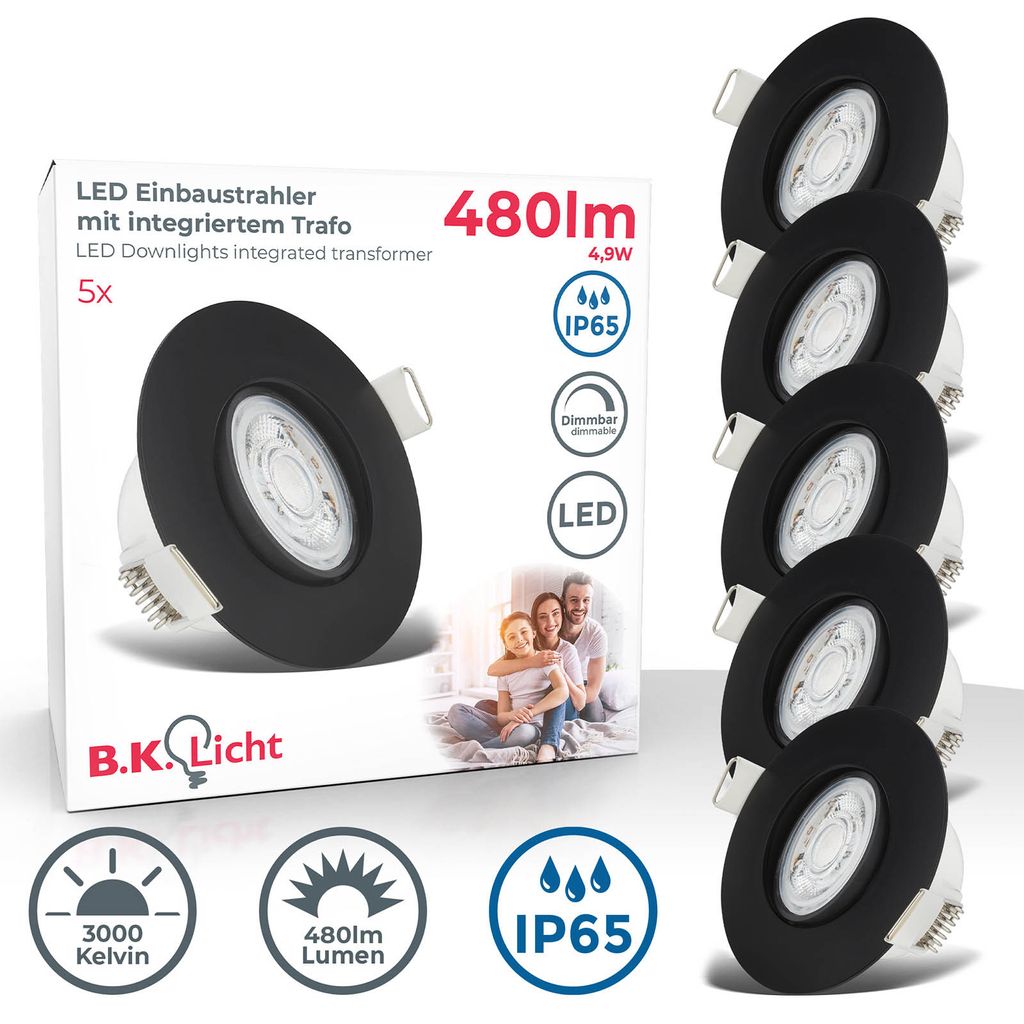 B.K.Licht - Set of 5 LED recessed spotlights 230V, swivel LED spotlight for bathroom IP65, ceiling spotlights infinitely dimmable, LED spots, ceiling spots, bathroom lamp, black, 90x42 mm (DxH)