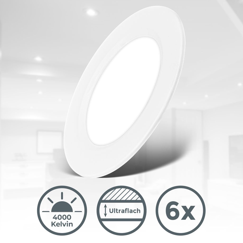 Einbaustrahler 76mm 6er Set - 230V, 3W, 330lm, LED, neutralweiß, weiß
