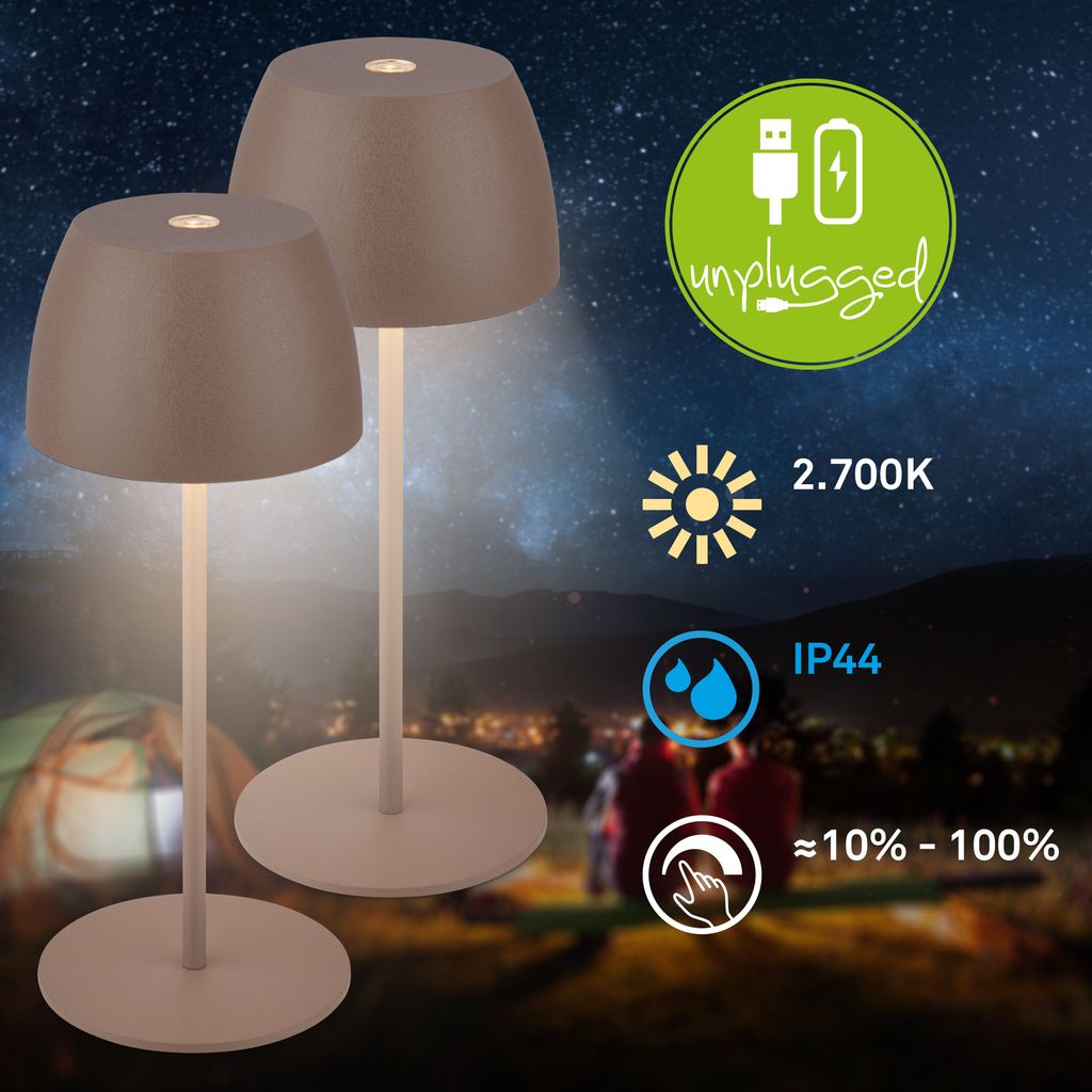 2er Set Briloner Serina Mini LED Tischlampe kabellos IP44, Dimmbar, Touch, Spritzwasserschutz, Kabellos, Umbrasand, Ø8 x 20 cm