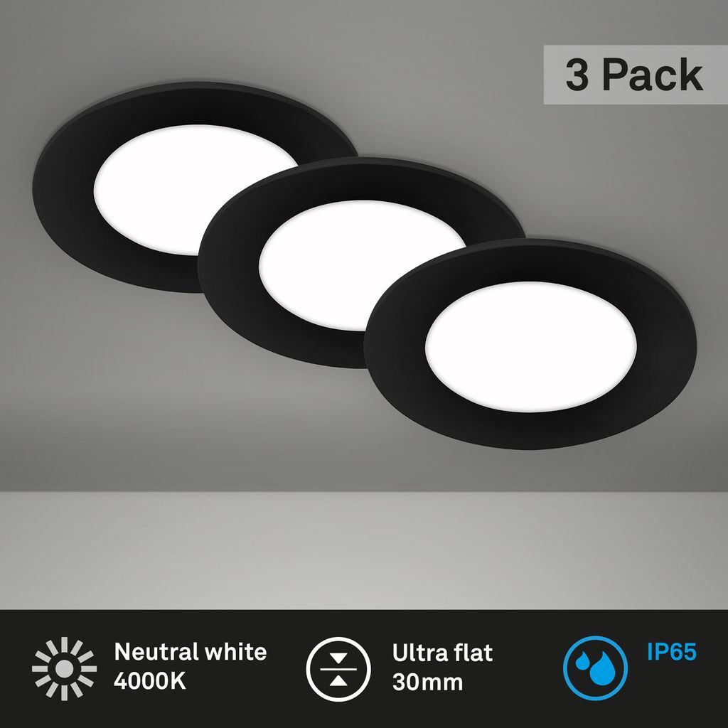LED Inbouw Lichten 3 Set, Ø8,6 cm, 3x LED, 3 W, 350 LM, zwart