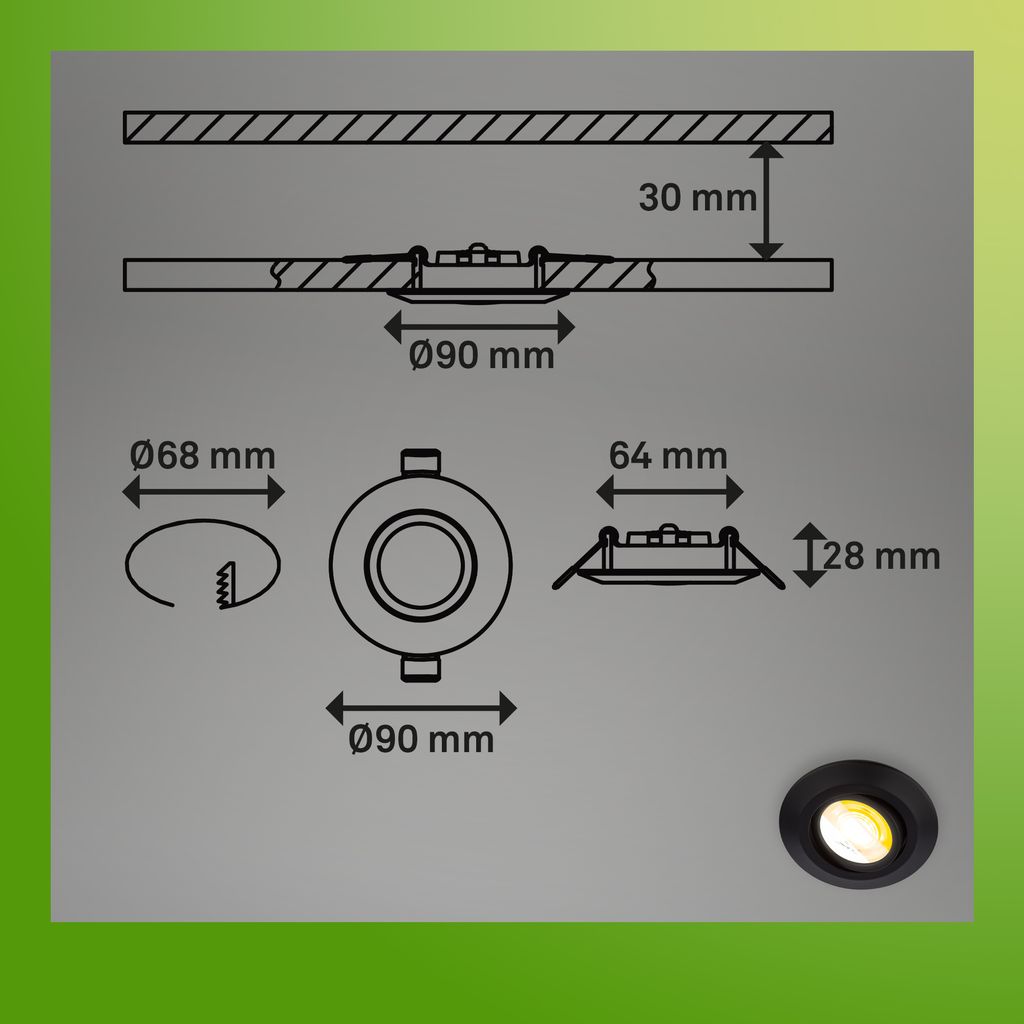 6er Set LED Einbaustrahler Ø90 mm ? CTS, flach, schwenkbar, 230V, 5W, Schwarz